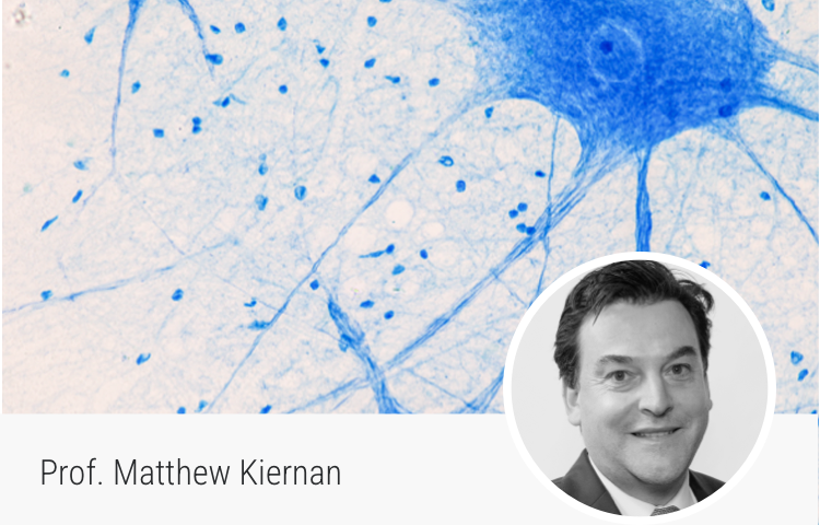 Background image of a neuron and portrait of Prof. Matthew Kiernan